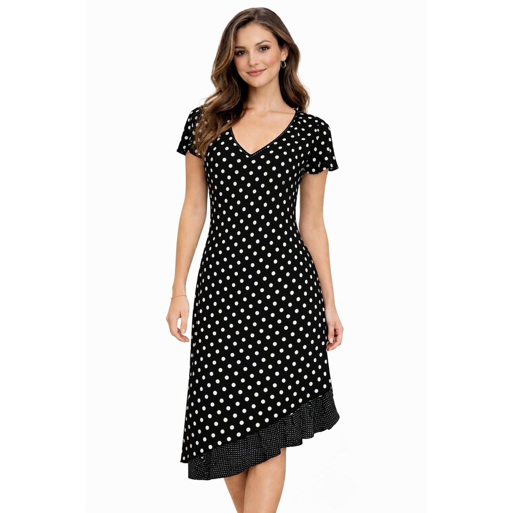 Vintage Women Dress 12 Black White Polka Dot Midi Asymmetrical Classic Y2K 90s